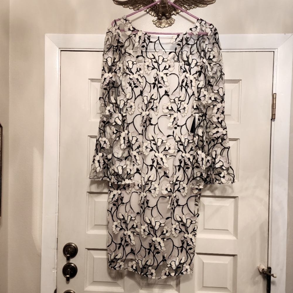 ADRIANNA PAPELL Dress White W/ Black Lace Sheer Embroidery NWT Size 14